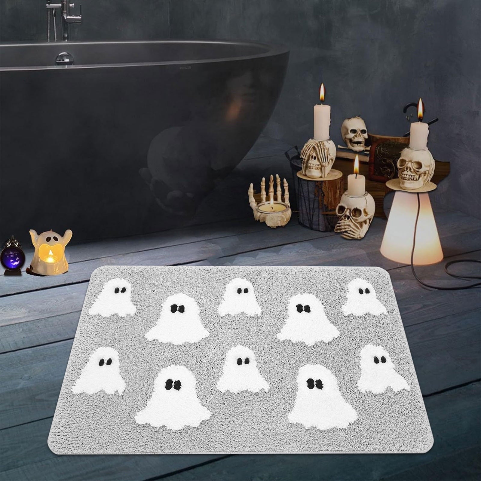 HHBEAUTY Halloween Ghost Welcome Doormat, Halloween Door Mat Outdoor Gray Ghost Witchy Doormat Halloween Welcome Mats for Front Kitchen Mat Outdoor Indoor Non-Slip Doormat