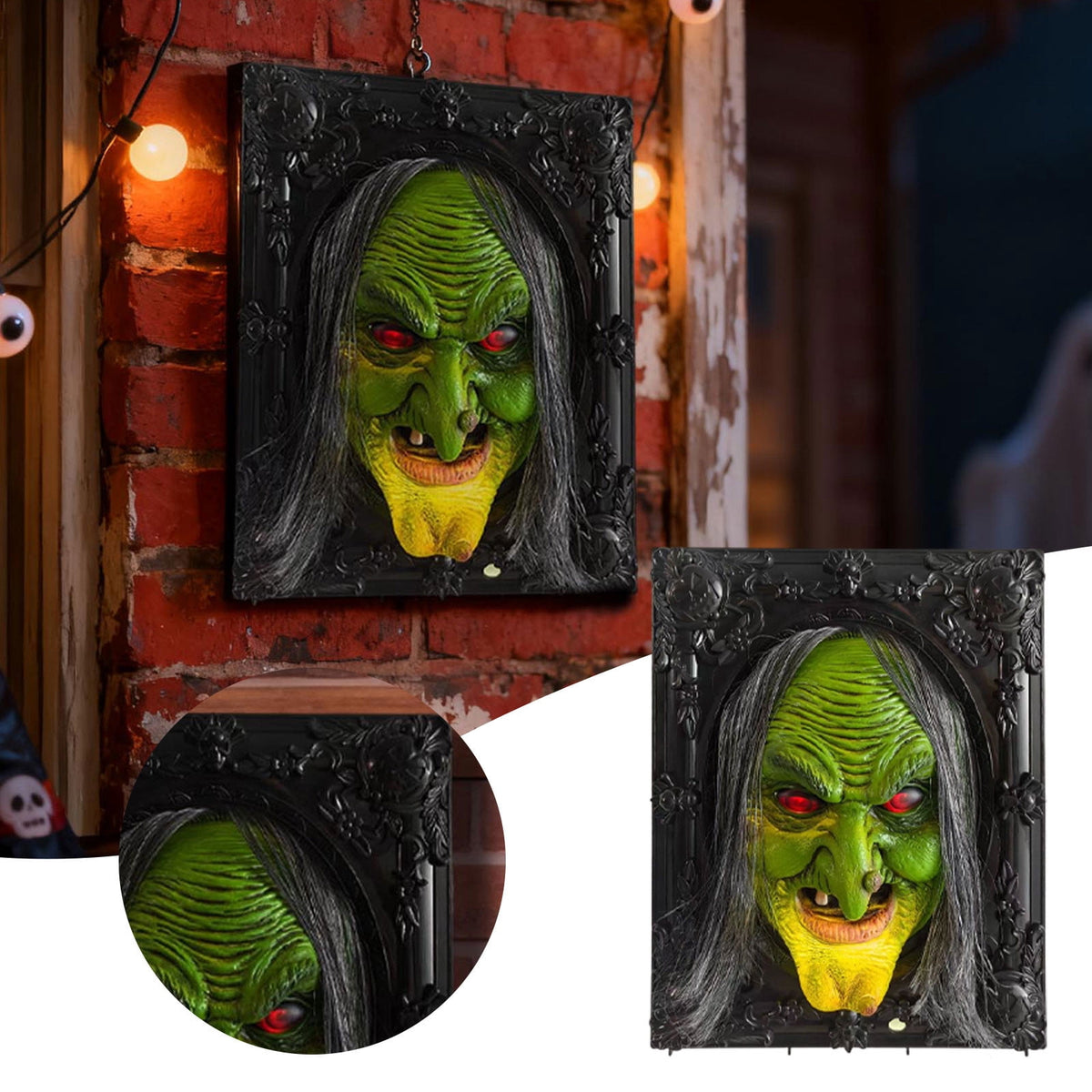 Leeye Motion Sensor Halloween Witch Wall Hanging, Haunted Talking Witch Picture Frame with Sound Activation, Scary Animated Witch Wall Decor for Indoor Party Haunted House