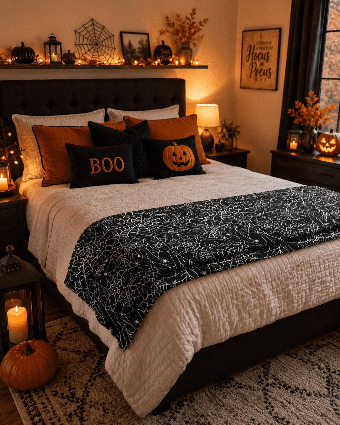 Serafina Home Halloween Throw Blanket: Fuzzy Boo! Jack O'Lantern Spider Webs Skull and Black Cats Print on Velvet Fleece for Sofa Bed Couch Chair Dorm