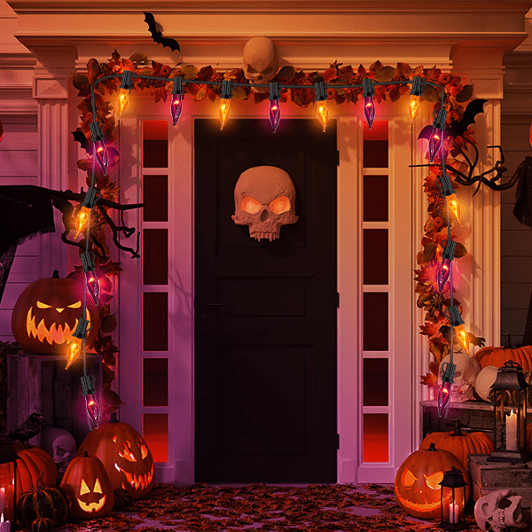 Halloween Lights Flickering Flame String Lights with 12 Pack C7 Orange Flame Light Bulbs (2 Spare), 12.8Ft Orange Flame String Lights for Indoor Outdoor Home Party Yard Halloween Decorations