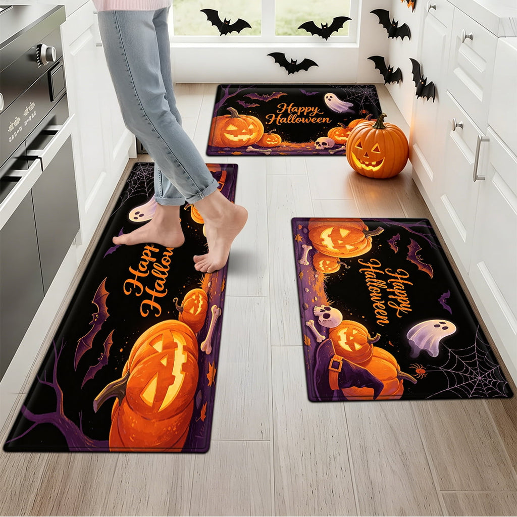 YIMEIS Halloween Pumpkin Lantern 3Pcs Flannel Mat & Kitchen Rugs Set,16''×24'' 20''×30'' 17''×47'' Inches,Soft Non-slip for Home Bathroom