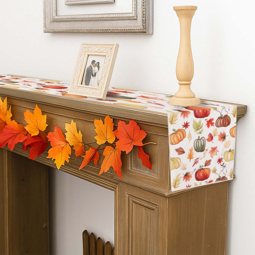OVZME Joyce Fall Leaves Table Runner for Kitchen Dining Table, Thanksgiving Autumn Printed Harvest Pumpkins Maple Leaves for Halloween Holiday Home Decorations, Water-Proof, Washable, 13" W x 90" L