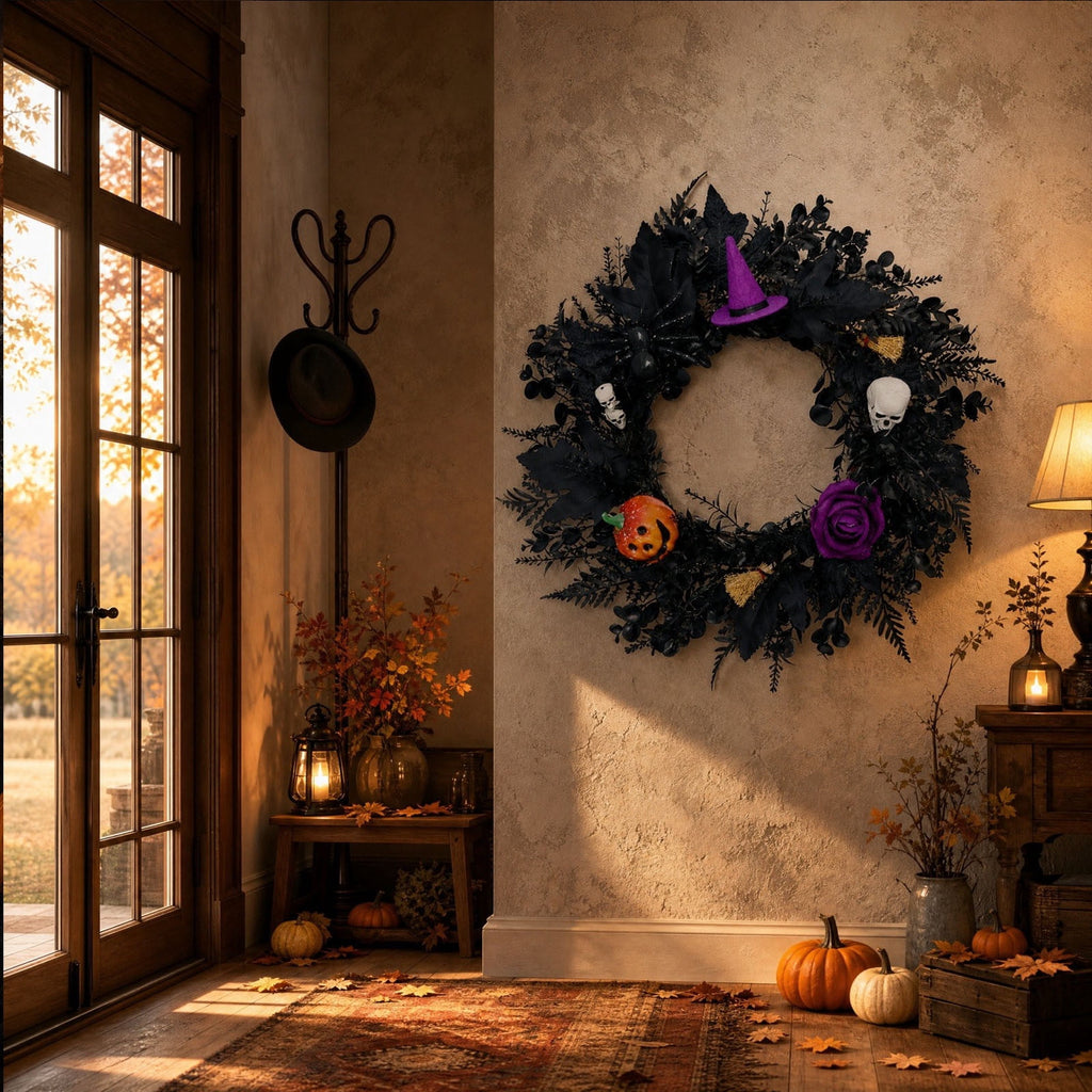Boovnll Halloween Wreath, 18" Horror & Novelty Handmade Black Twig Glitter Bats Halloween Wreaths for Front Door Fireplace Wall Porch Party Decor, Halloween Decorations
