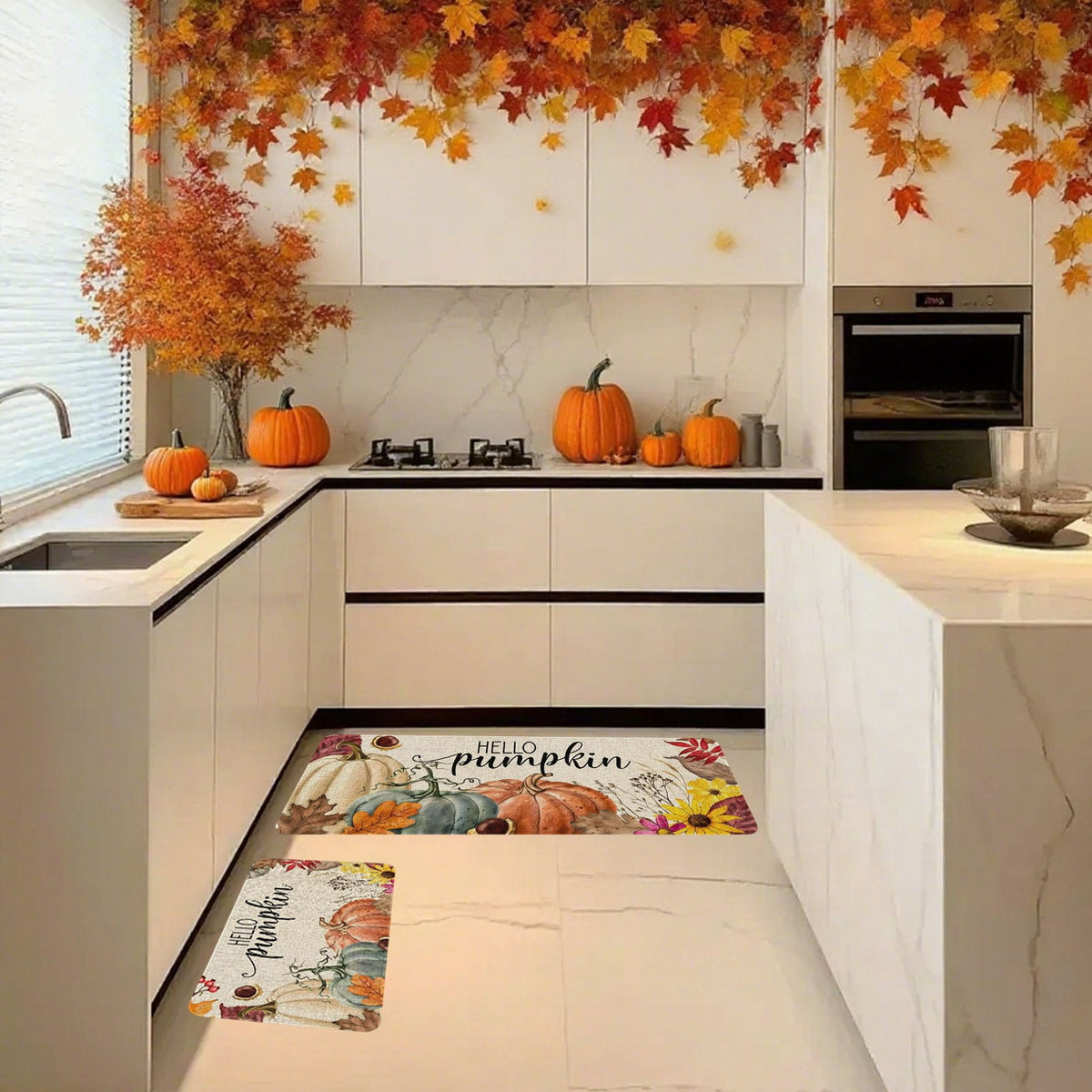 HOARBOEG Kitchen Floor Mat, Halloween Thanksgiving Fall Floor Mats 2-Piece Set - Non-Slip Pumpkin Maple Leaf Decor Rug for Bathroom Kitchen Porch Entrance, Holiday Home Decor