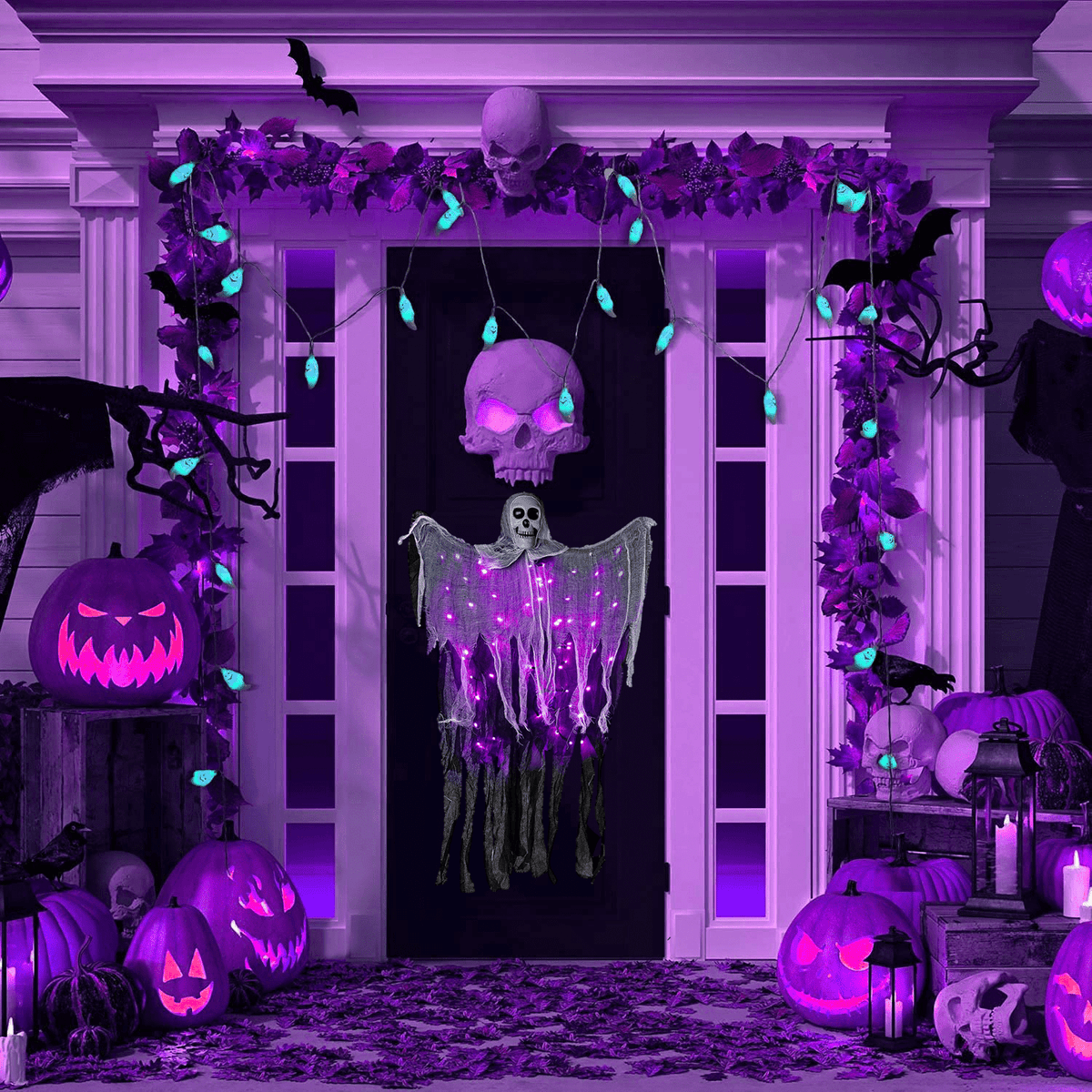 Halloween Hanging Grim Reaper with 60 LED Purple Halloween Lights,2 Lighting Modes Halloween Decoration Waterproof Battery Operated for Indoor/Outdoor Party,Yard,House Decor