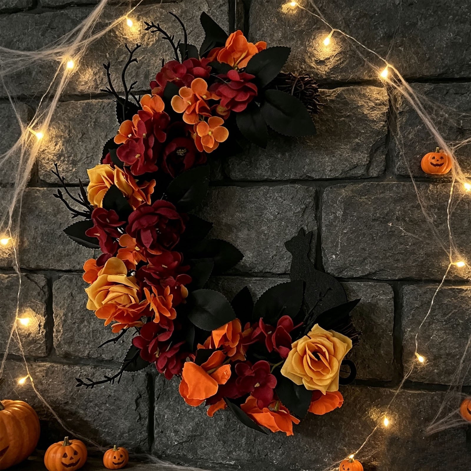 Gcvizuso Halloween Wreath with LED Light String, Purple Rose Black Crow Oval Spooky Twig Wreath for Front Door Window Fireplace Decor