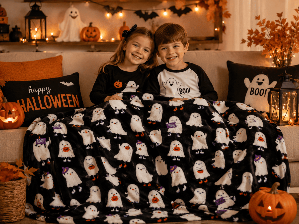 Serafina Home Halloween Throw Blanket: Fuzzy Boo! Jack O'Lantern Spider Webs Skull and Black Cats Print on Velvet Fleece for Sofa Bed Couch Chair Dorm
