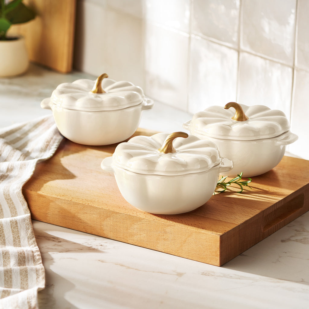 The Pioneer Woman 0.5 Qt Pumpkin Stoneware Mini Cocottes Set with Side Handles, Linen Finish, Set of 3