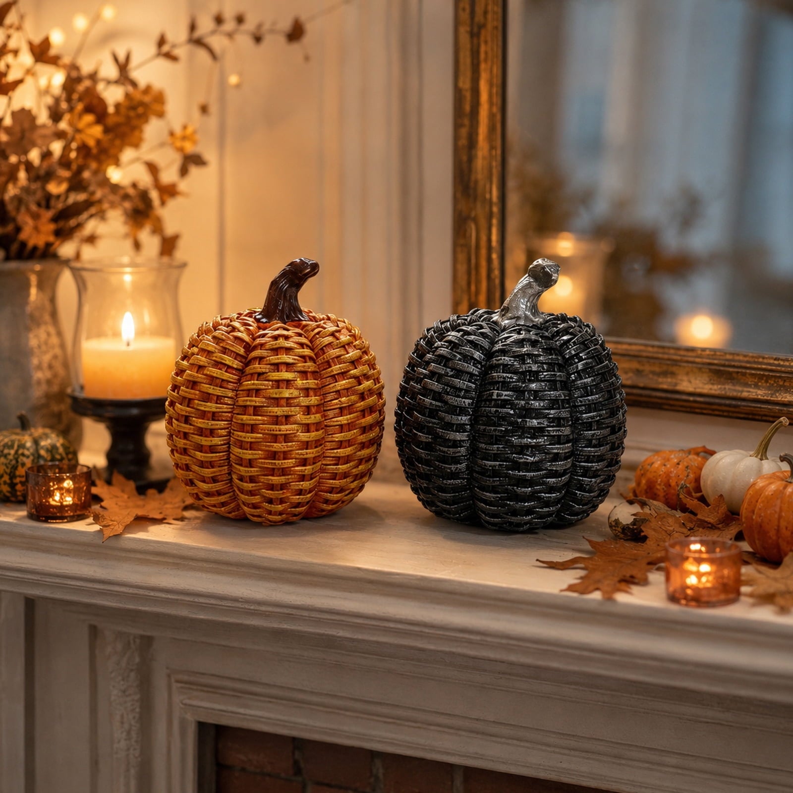 Artificial Pumpkins Halloween Decorations, 3.94 Inch Fall Pumpkin Decor Faux Resin Pumpkins Woven Pumpkin Centerpiece for Rustic Farmhouse Fall Thanksgiving Autumn Harvest Table Decor