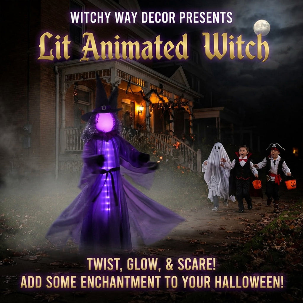 Halloween Lit Animated Witches, Halloween Purple Witch Decorations with 30 LED Lights, Cloth Hanging Decor for Porch Entryway Yard Party