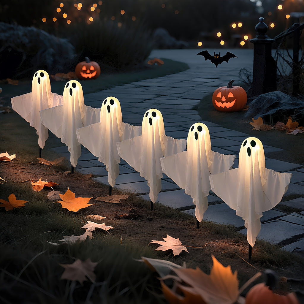 6 Pack Solar Powered Ghost Halloween Decorations Outdoor, LED Light Up Ghost Stakes with Auto On/Off and 8 Lighting Modes, Waterproof Halloween Yard Decor for Garden, Pathway, Porch, Lawn and Party