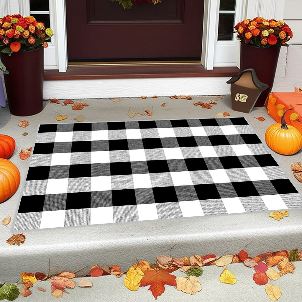 Orange Plaid Fall Outdoor Mat, Hand-Woven Porch Rug for Thanksgiving Halloween Door Decor
