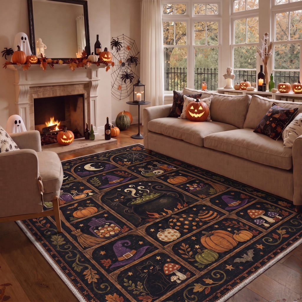 GENIMO 2'x7' Halloween Runner Rug, Washable Non Slip Soft Vintage Witch Indoor Outdoor Hallway Runner for Porch Patio Kitchen Entryway, Vintage Black