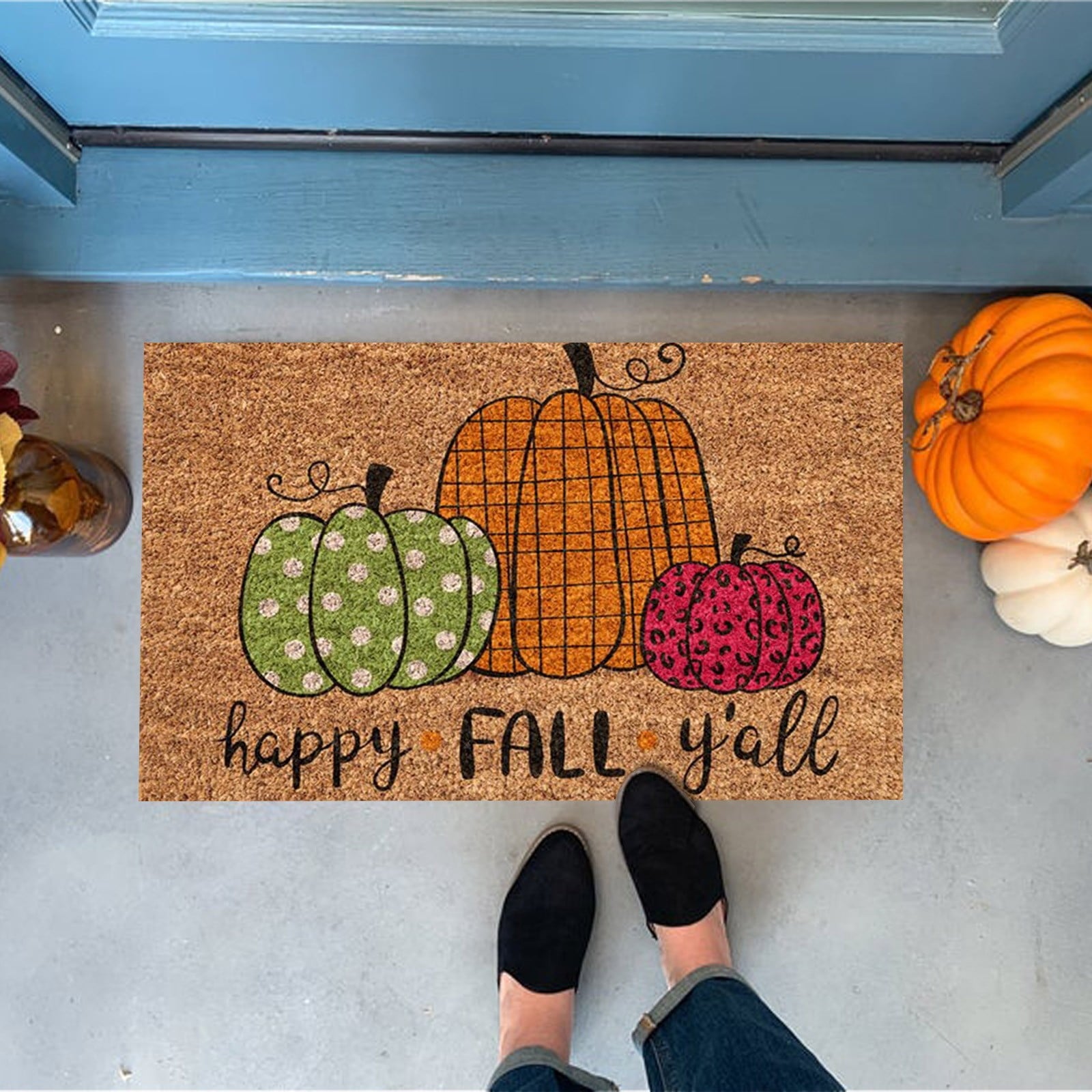 KCEHTA Happy Fall Welcome Mat, Fall Maple Leaf Pumpkin Door Mat, Autumn Front Door Mat, Halloween Thanksgiving Welcome Doormat Indoor Outdoor Entryway Rug Floor Mats