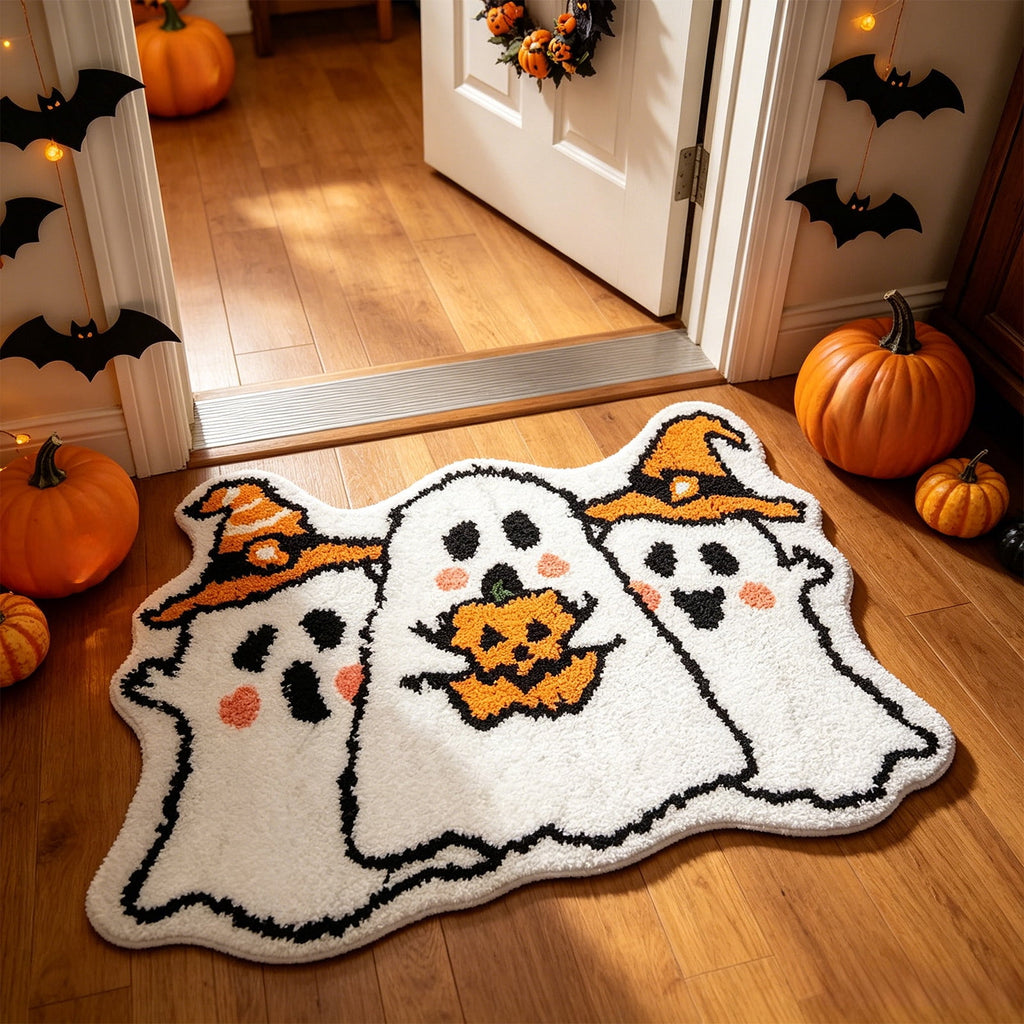 BingTong Cartoon Ghost Themed Fall Welcome Mat,Variety Spooky Adorable Ghost Shape Entryway Rug,Weather Resistant Low Profile Door Mat for Home Apartment Cafe Halloween Decoration Ghost F