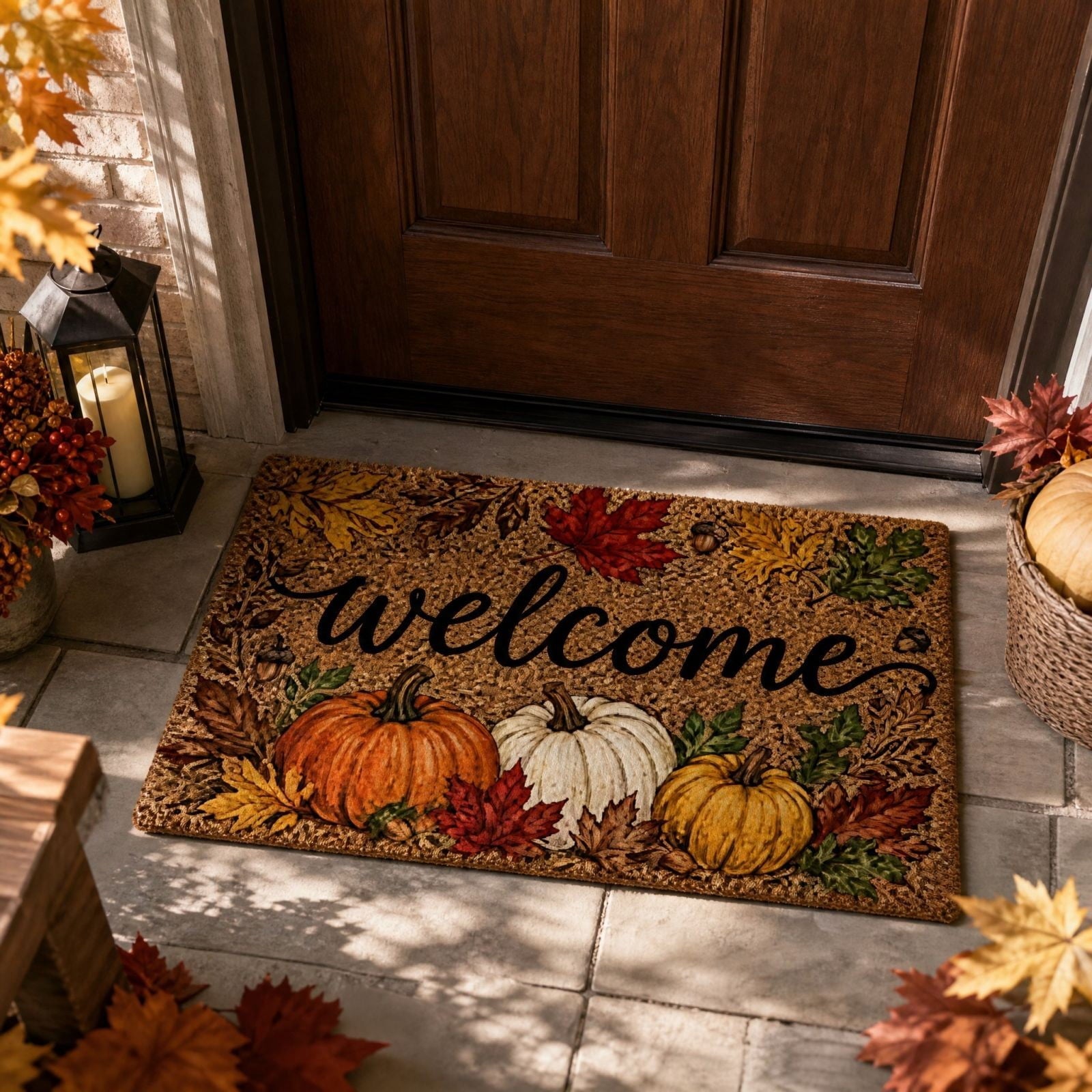 syligr Halloween Thanksgiving Doormat with Maple Leaf & Pumpkin Patterns - Non-Slip Floor Mat for Entryway, Kitchen, Porch, Fall Harvest Decor Rug with Anti-Fatigue Backing, Gift for Thanksgiving