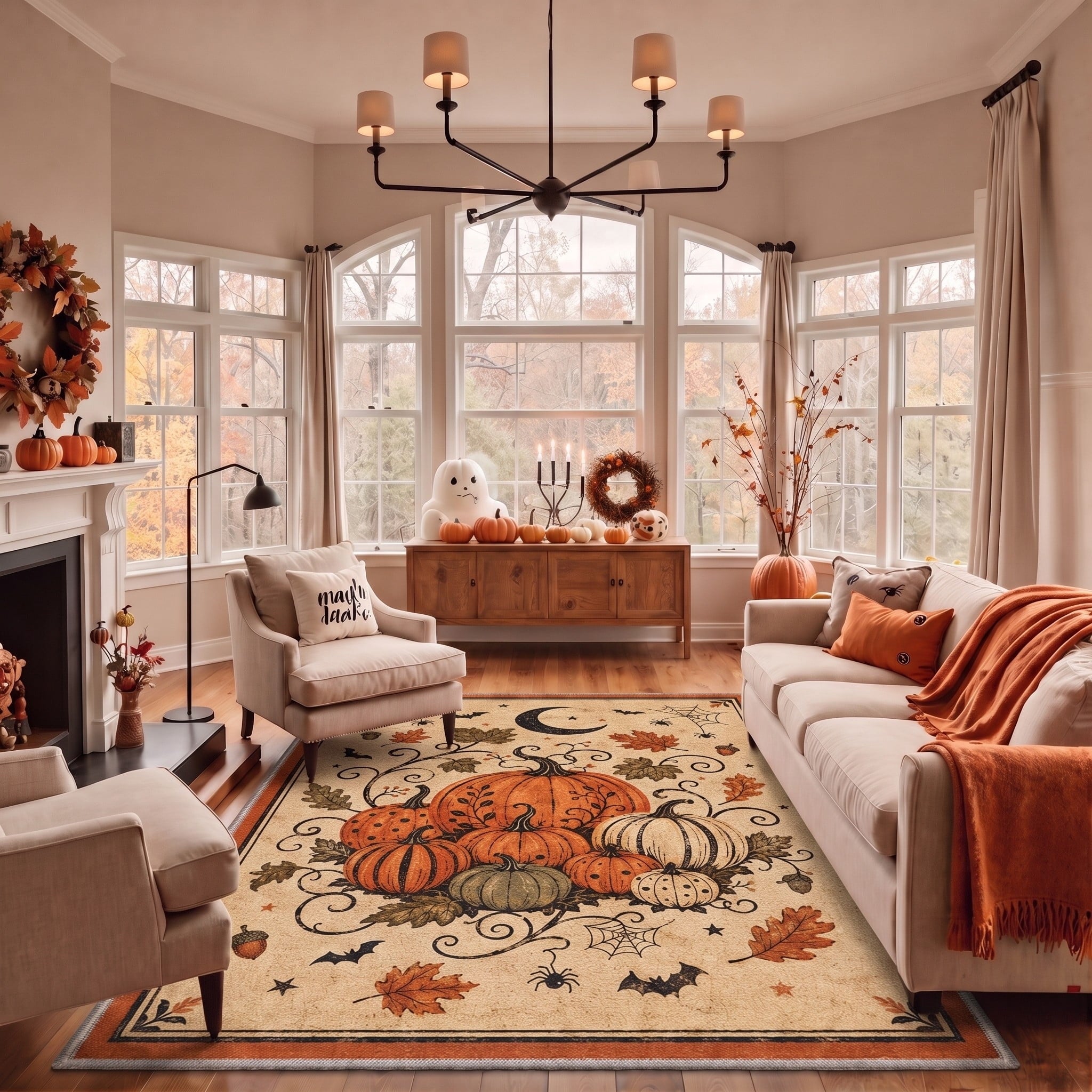 GENIMO 2'x7' Halloween Runner Rug, Washable Non Slip Soft Farmhouse Pumpkin Indoor Outdoor Hallway Runner for Porch Patio Kitchen Entryway, Vintage Sepia