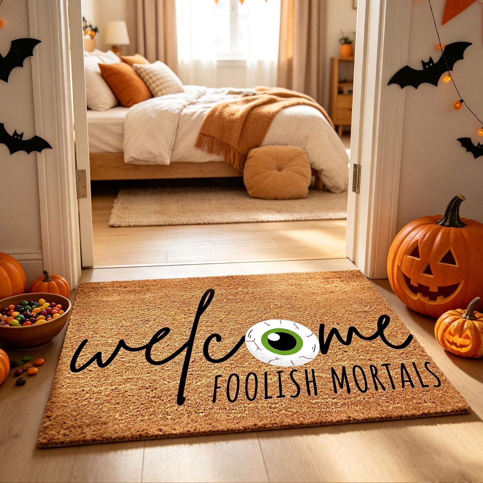 Halloween Decorations-Ghost Black Cat Coir Doormat,23.62×15.74in Pumpkin Pattern Absorbent Front Door Mat,Non-Slip Rug for Indoor Entryway Porch Fall Home Decor Outdoor Rug for Halloween Supplies