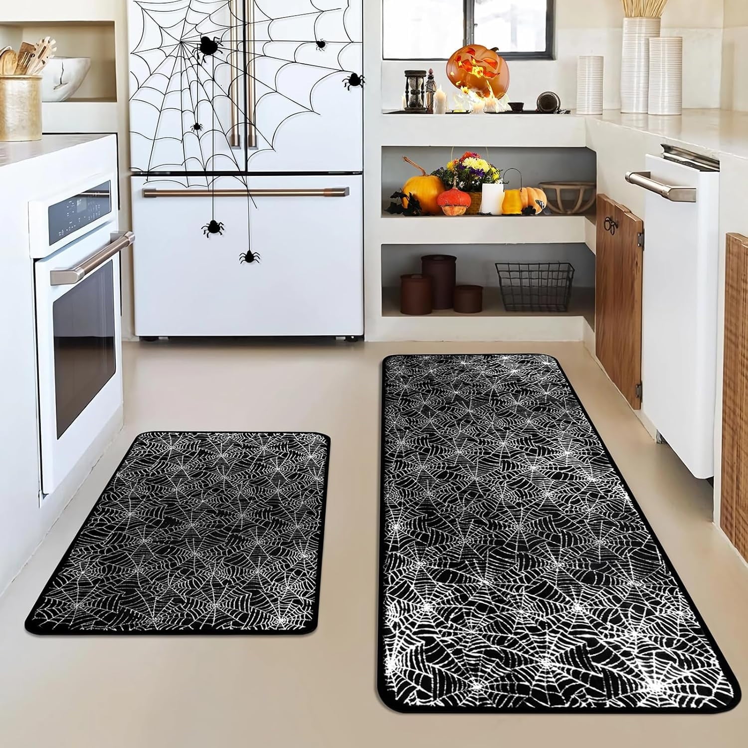 Halloween Kitchen Rugs Set of 2, Cushioned Anti-Fatigue Kitchen Mats for Floor, Spider Web Kitchen Mats, Non-Slip Waterproof Kitchen Floor Mat Washable for Kitchen, Home, Office, Laundry