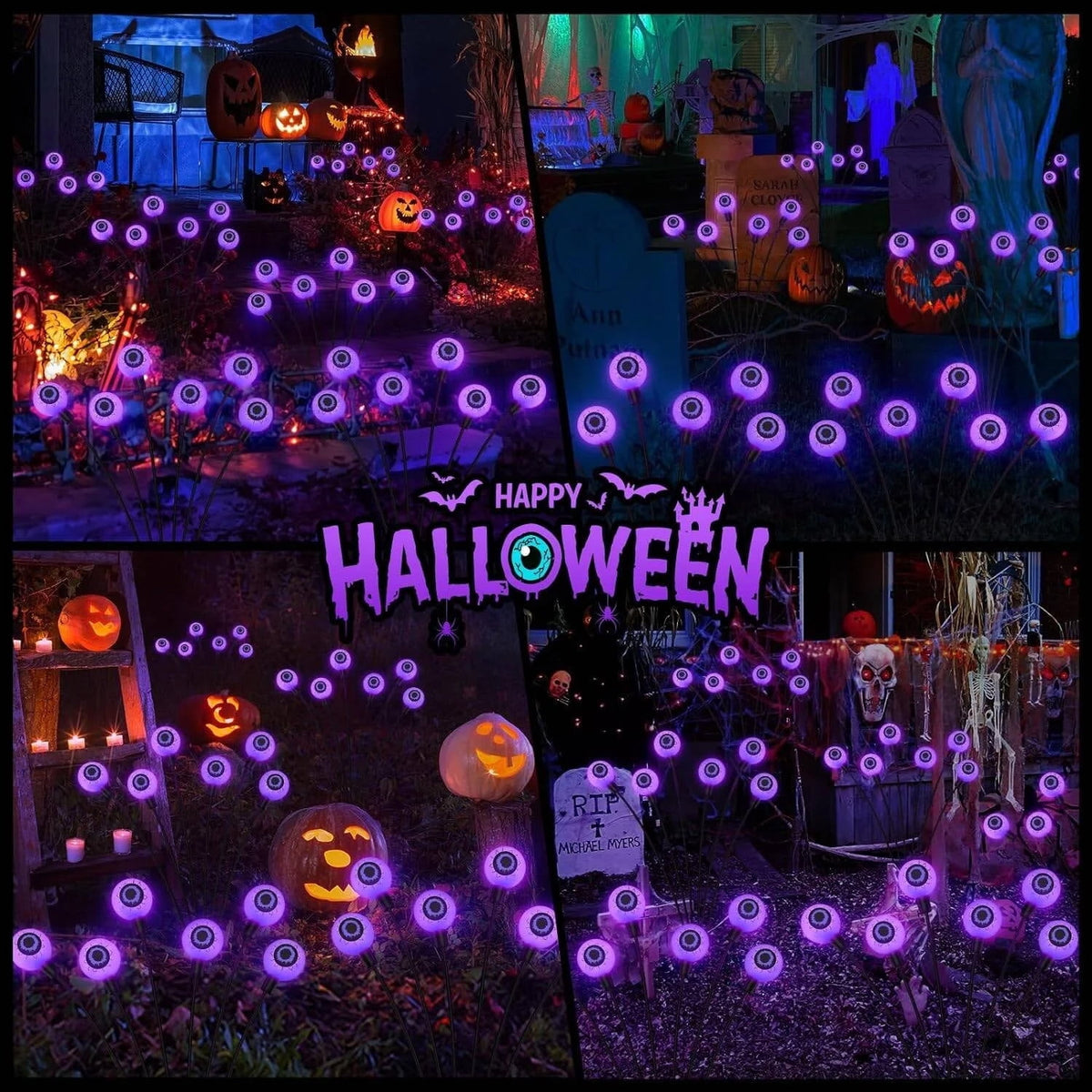Morfone Halloween Decorations Outdoor, 2 Pack 12 LEDs Solar Scary Eyeball Lights, Waterproof Eyeball Swaying Firefly Lights, Halloween Path Lights for Garden Yard Party, Green