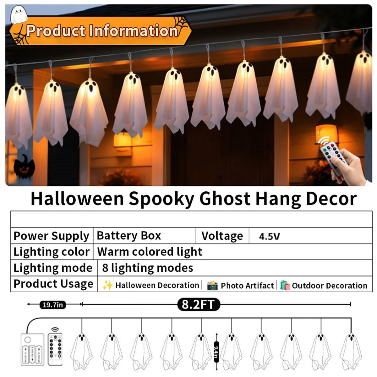 8.2FT Light Up Halloween Ghost String Lights,10 PCS Spooky Ghost Garlands, Cute Ghosts with Remote Control & 8 Lighting Modes for Outdoor Yard & Indoor Party Halloween Decor