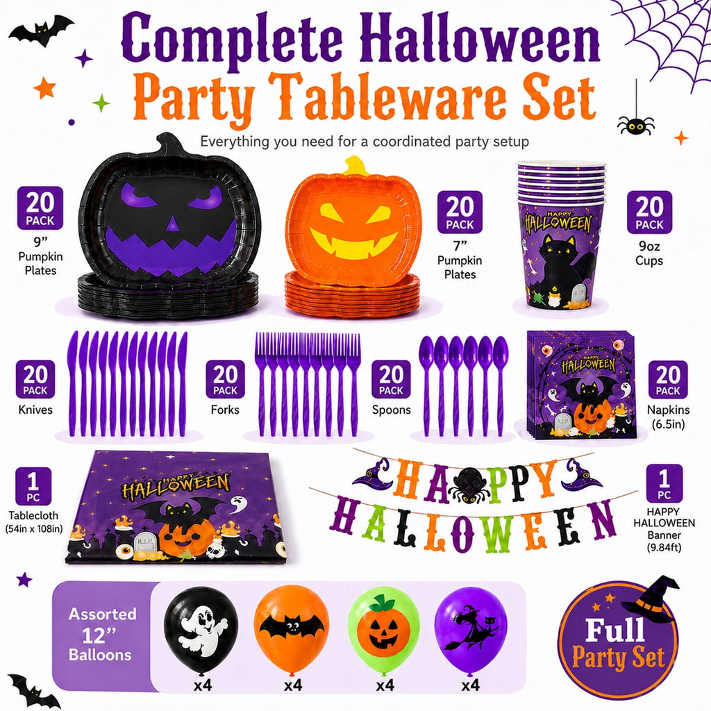 Halloween Paper Plates for Halloween Party Decoration Disposable Cups Napkins Table Cover Balloons Banner for Halloween Birthday Party Supplies Serve 20 Design2