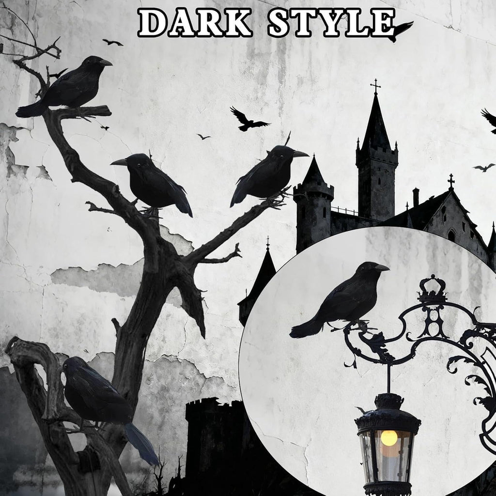Yanxiao 6PCS Halloween Black Crows Decorations, Realistic Foam Halloween Handmade Black Feathered Crows with Fixable Legs, Halloween Gothic Ornaments for Table Centerpieces, Party, Indoor & Outdoor