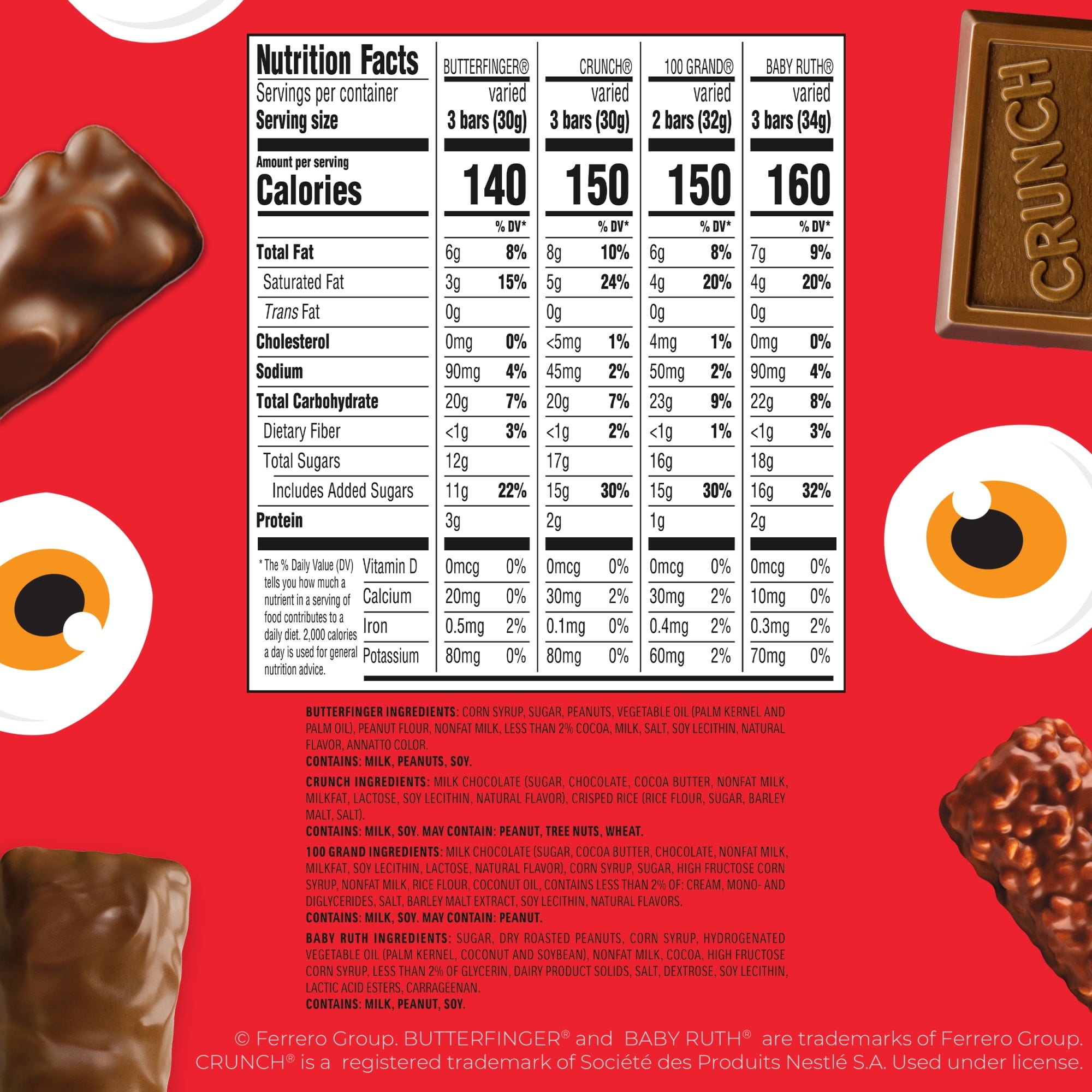Butterfinger, CRUNCH, Baby Ruth & 100 Grand Halloween Candy Bulk, 100 count