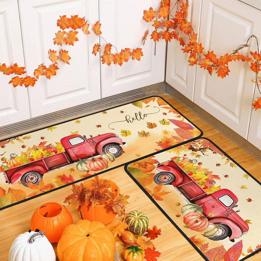 RBCKVXZ 2 Pieces Fall Kitchen Rugs Halloween Thanksgiving Pumpkin Sunflower Orange Maple Leaf Mat Floor Rug for Holiday Autumn Home Decor, 17 x 29 Inches, 17 x 47 Inches