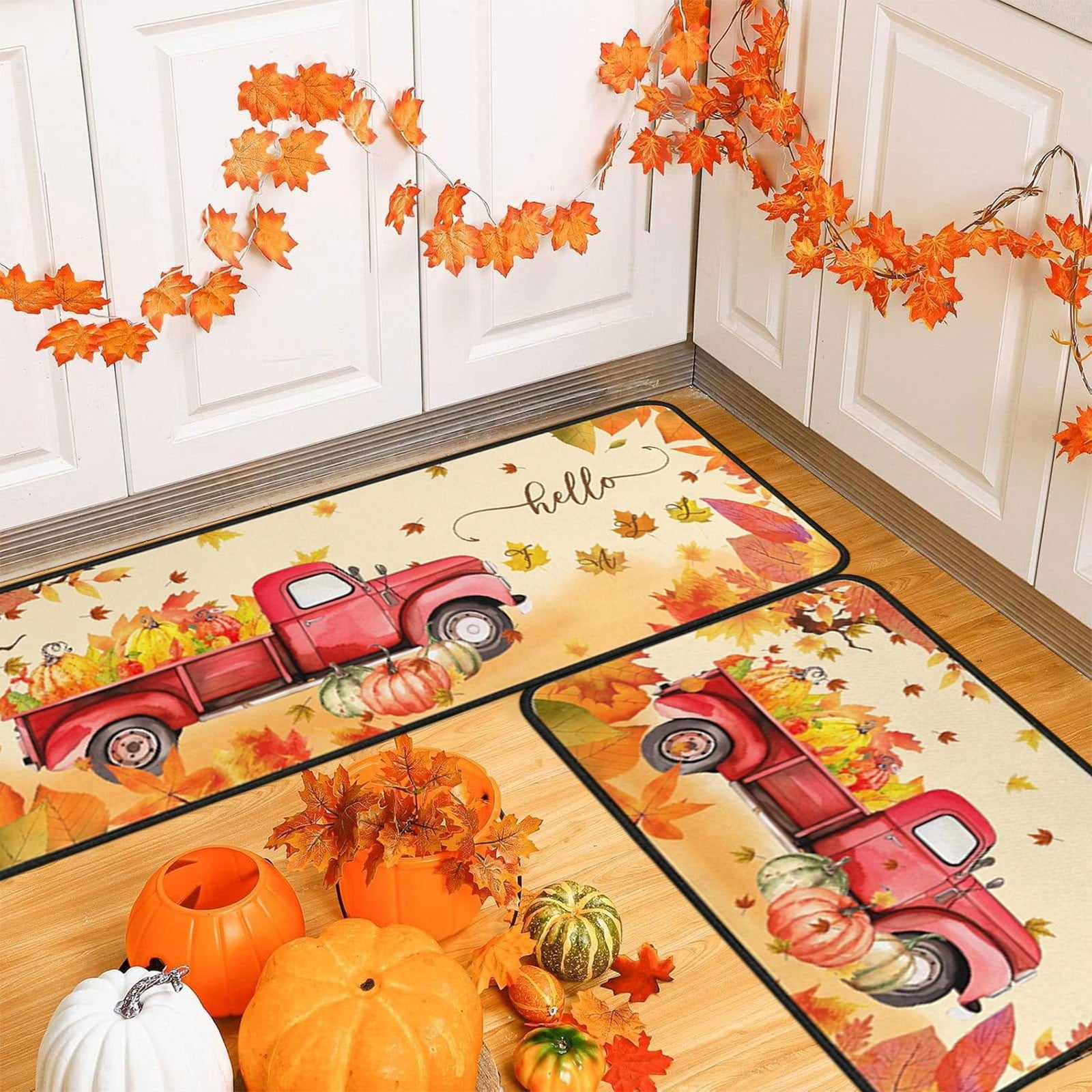 RBCKVXZ 2 Pieces Fall Kitchen Rugs Halloween Thanksgiving Pumpkin Sunflower Orange Maple Leaf Mat Floor Rug for Holiday Autumn Home Decor, 17 x 29 Inches, 17 x 47 Inches