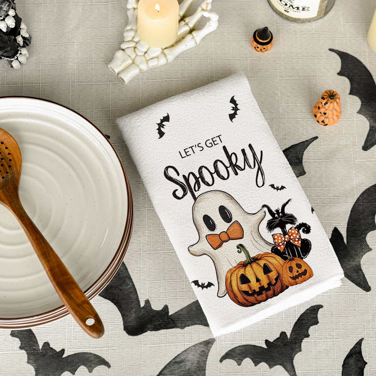 Sm:)e Spooky Pumpkin Ghost Boo Bat Halloween Kitchen Dish Towels 2 Set 18 x 26 inch