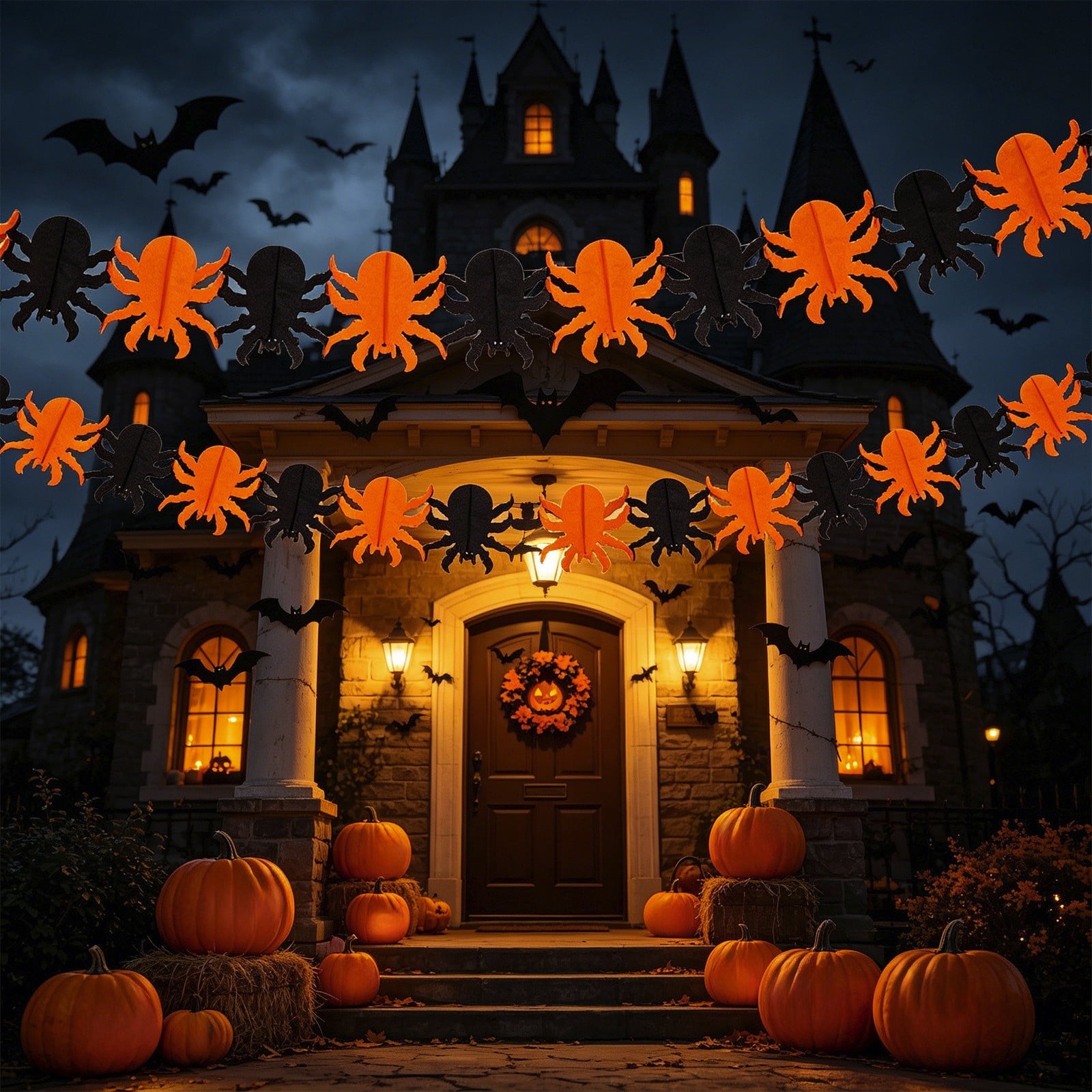 Halloween Paper Banner Decorations, 9.8Ft Orange Black Spider Bunting Garland Banners Decor for Wall Home Indoor Outdoor Birthday Party Supplies