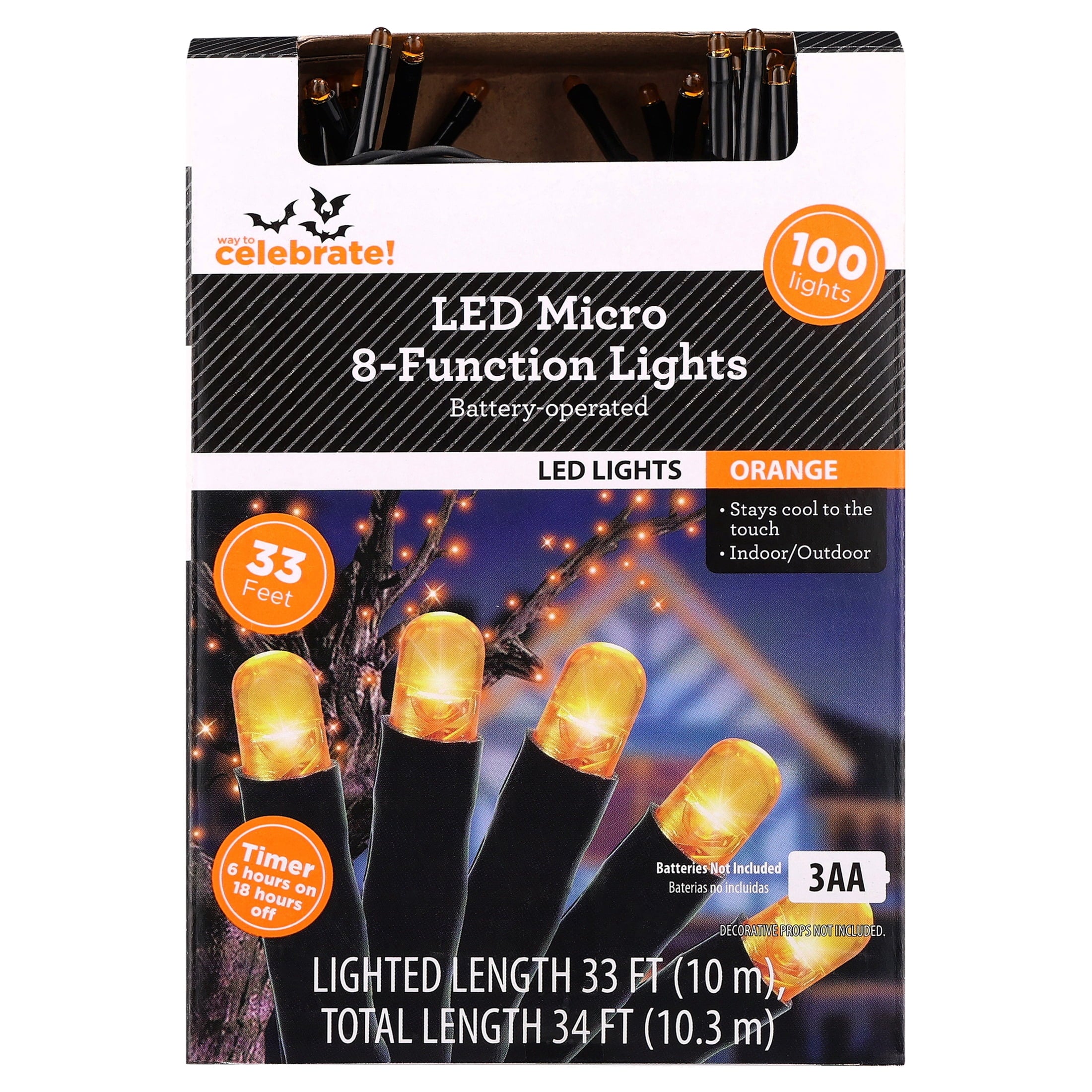 Indoor/Outdoor 100-Count Battery-Operated LED 8-Function Micro String Lights, Orange, 33', Halloween by Way To Celebrate