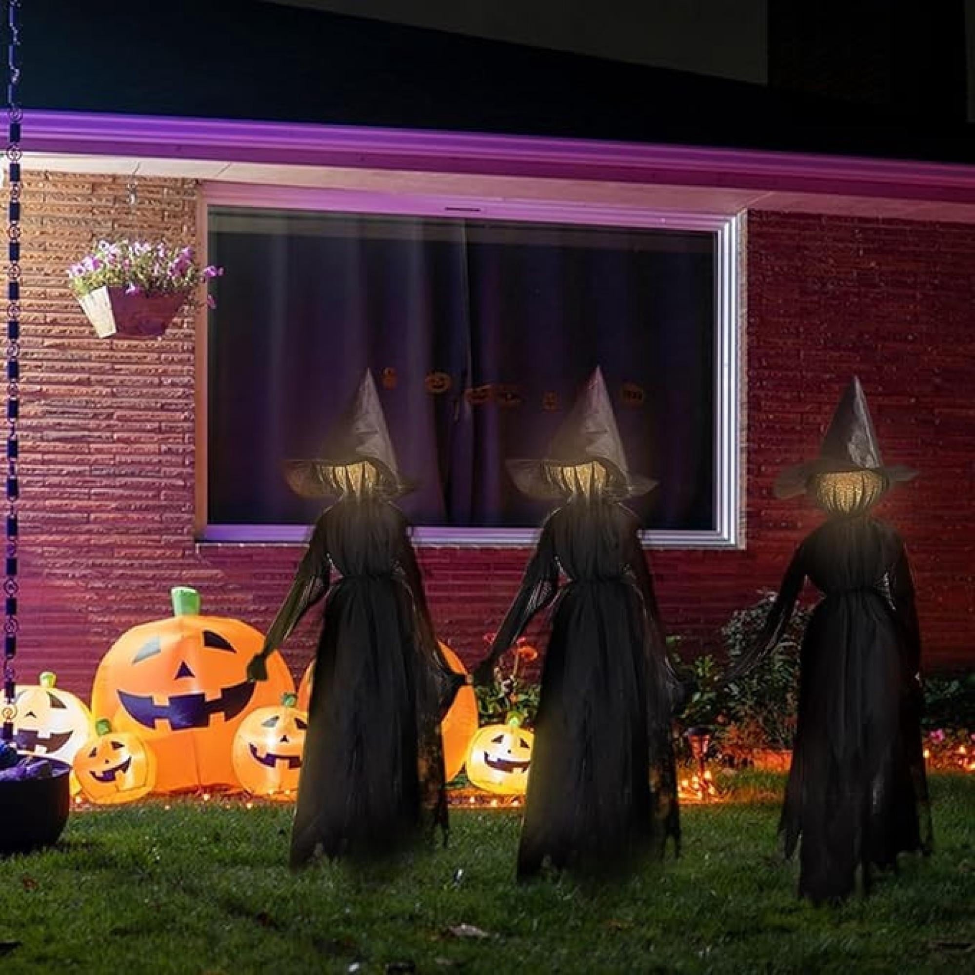 Life-Size Light-Up Screaming Witches Halloween Decor - Outdoor LED Animated Witch with 7 Color Changing Lights & Sound Activation, Scary Yard Decoration