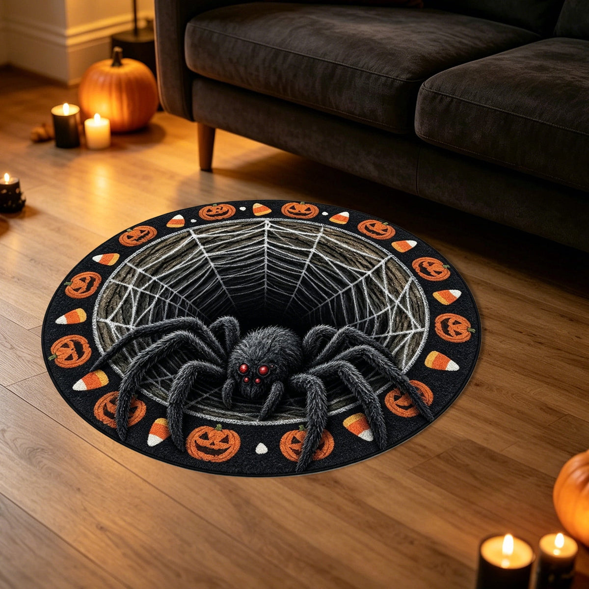 3D Optical Illusion Halloween Round Doormat,Vortex Tunnel Optical Illusion Printing Design,Giant Furry Red-Eyed Black Spider and White Spider Web,24"