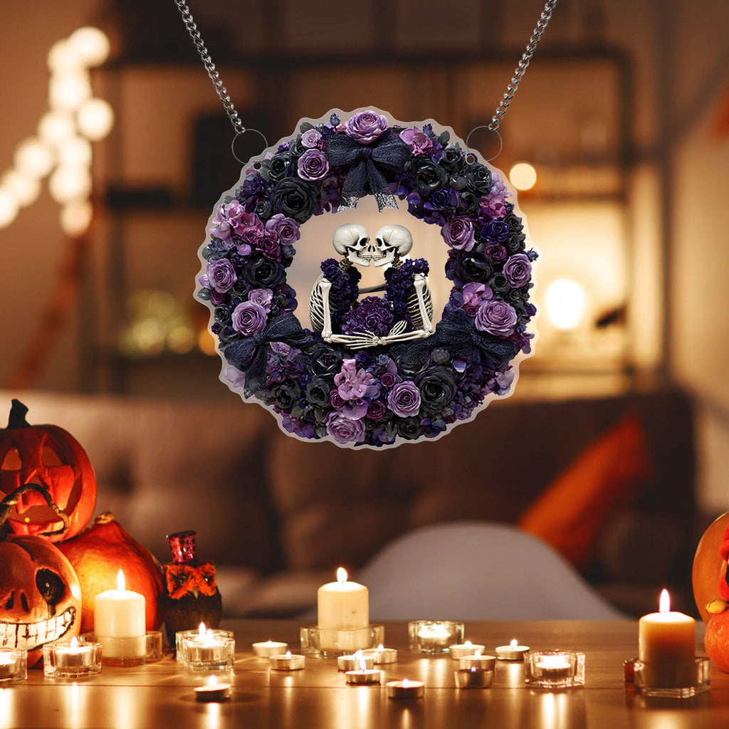 Btomtd Diameter 8" Pumpkin Skull Wreath Halloween Decor Acrylic Round Disk Hanging Ornament with Garland for Front Door Window, A
