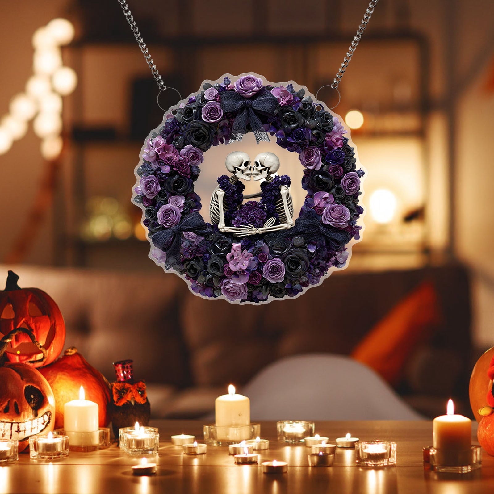 Btomtd Diameter 8" Pumpkin Skull Wreath Halloween Decor Acrylic Round Disk Hanging Ornament with Garland for Front Door Window, A