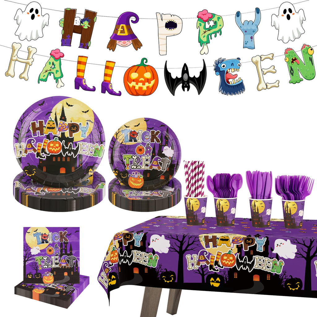YIBAGA Halloween Party Supplies 194 PCs Serve 24, Ghost Pumpkin Witch Paper Plates Napkins Cups Tablecloth Banner Party Decor