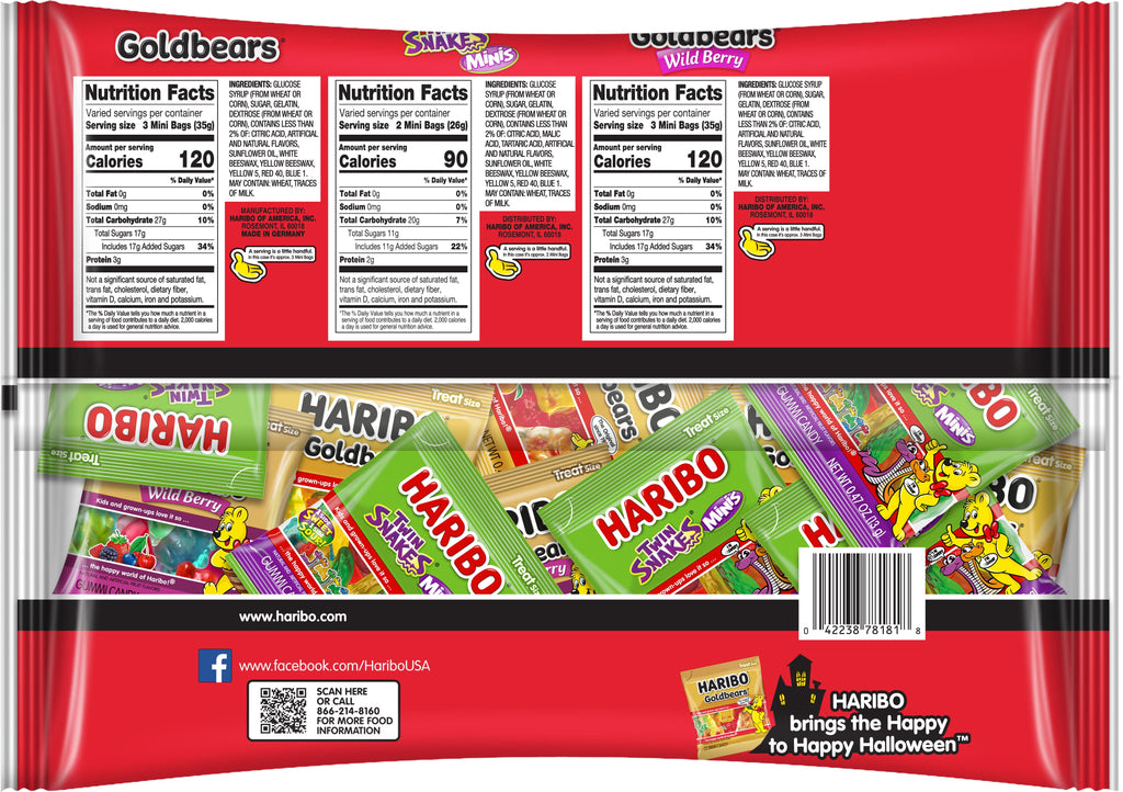 HARIBO Trick or Treat Trio Halloween Gummy Candy Mini Pouches, 45ct
