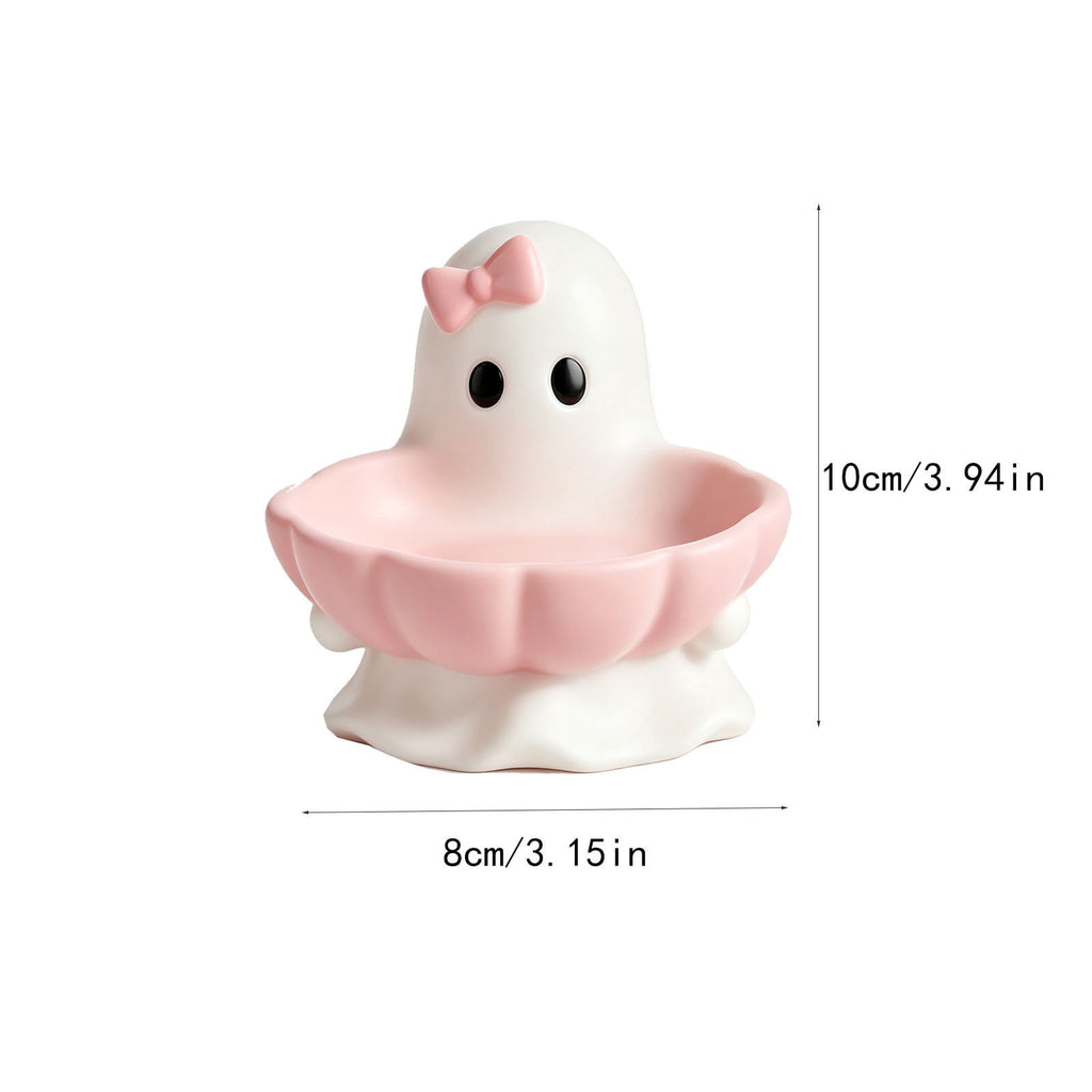 Pink Halloween Decor Ghost Candy Bowl Figurine with Bow and Scalloped Holder for Indoor Tabletop Decor and Party Favor Display
