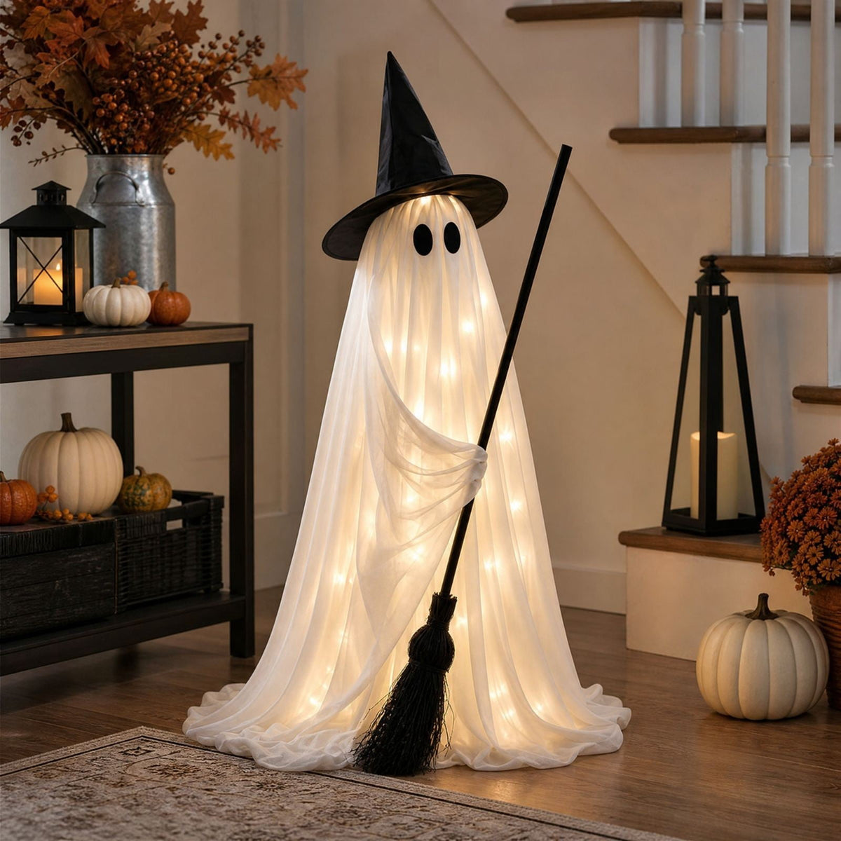 Halloween Decoration Indoor, 5.5 Ft Giant Light-Up Witches Broom, Rustic Halloween Decor for Porch, Yard, Front Door