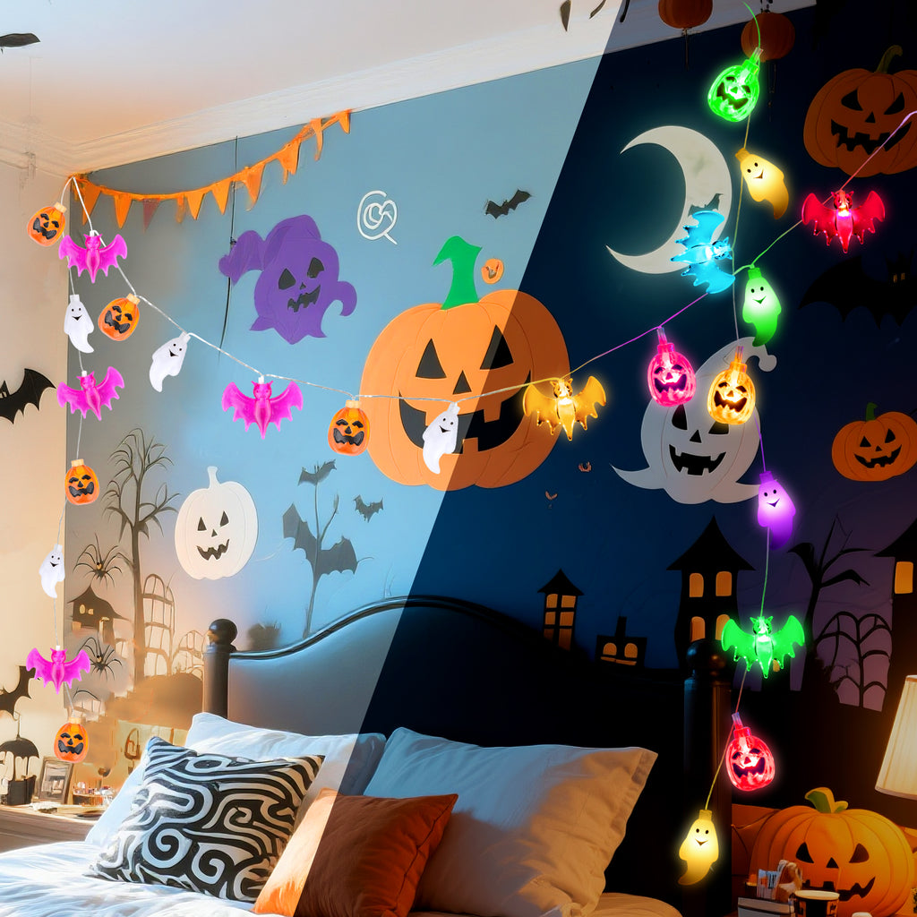 Oziral Halloween String Lights Decorations:Halloween Lights Indoor Outdoor 30 LED Battery Operated Waterproof Lights Remote 3D Pumpkin Bat Ghost Halloween Decorations for bedroom Party Yard Garden