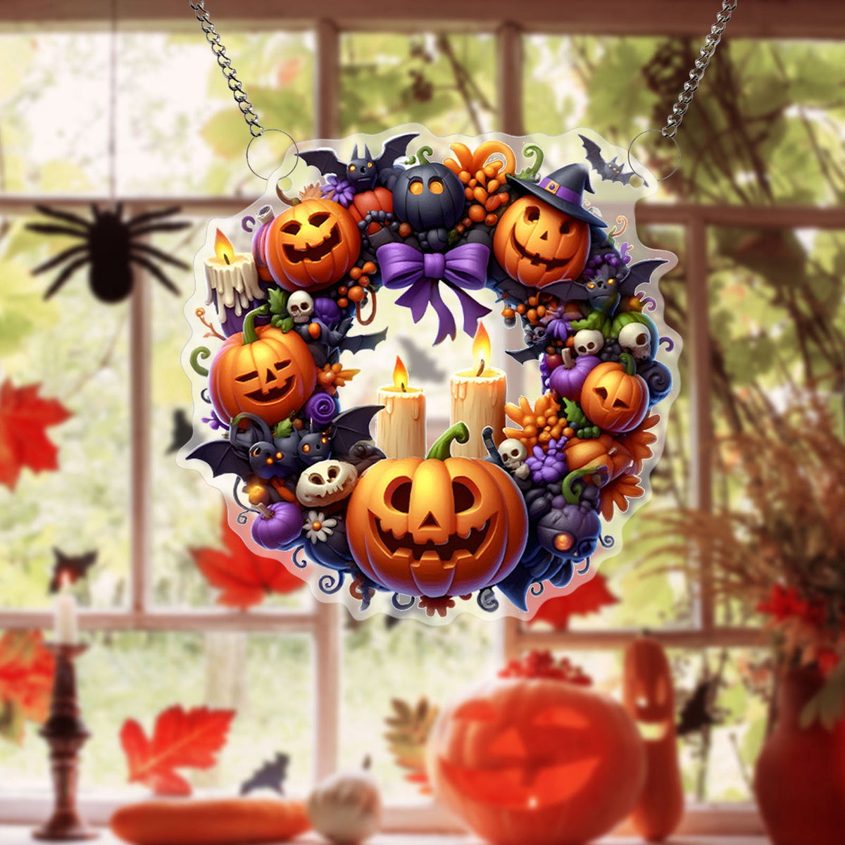 Btomtd Diameter 8" Pumpkin Skull Wreath Halloween Decor Acrylic Round Disk Hanging Ornament with Garland for Front Door Window, B