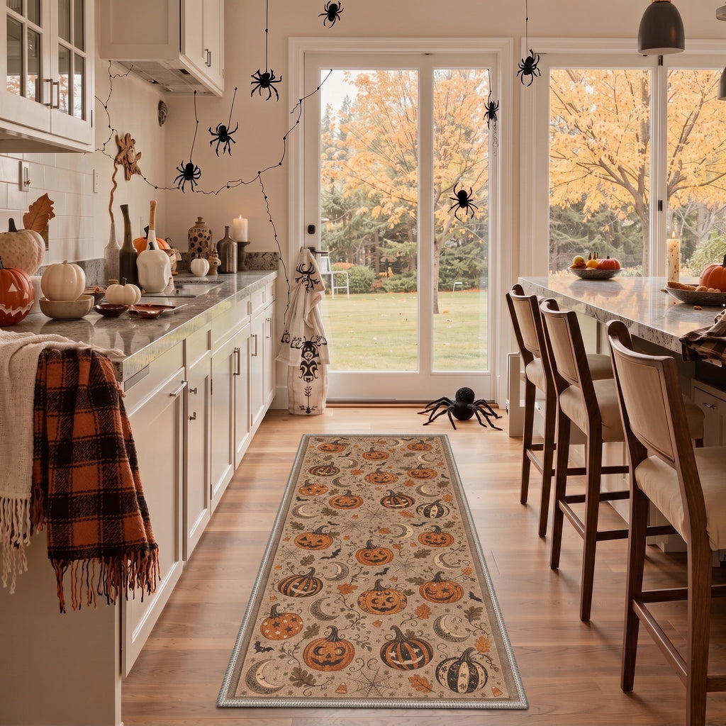 GENIMO 2'x7' Halloween Runner Rug, Washable Non Slip Soft Farmhouse Pumpkin Indoor Outdoor Hallway Runner for Porch Patio Kitchen Entryway, Vintage Sepia