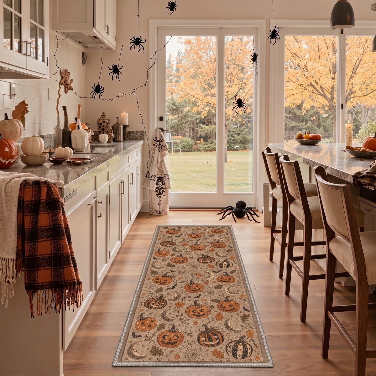 GENIMO 2'x7' Halloween Runner Rug, Washable Non Slip Soft Farmhouse Pumpkin Indoor Outdoor Hallway Runner for Porch Patio Kitchen Entryway, Vintage Sepia