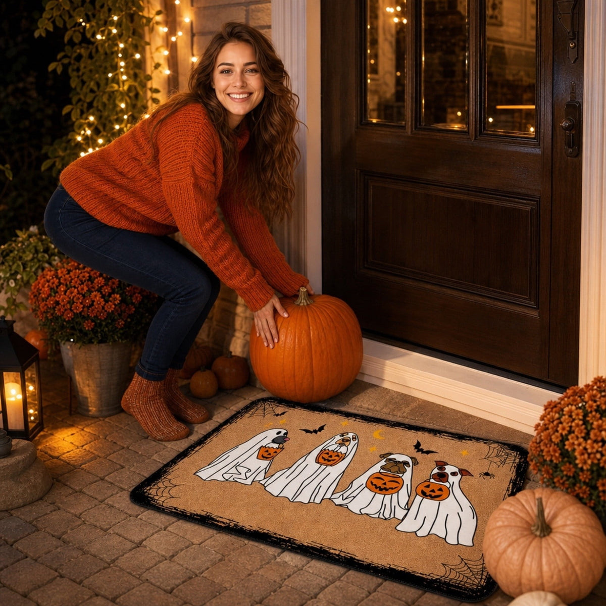 Halloween Ghost Dog Door Mat, Outdoor Coir Entrance Mat for Porch, Spooky Decor for Home Outdoor Entryway Black