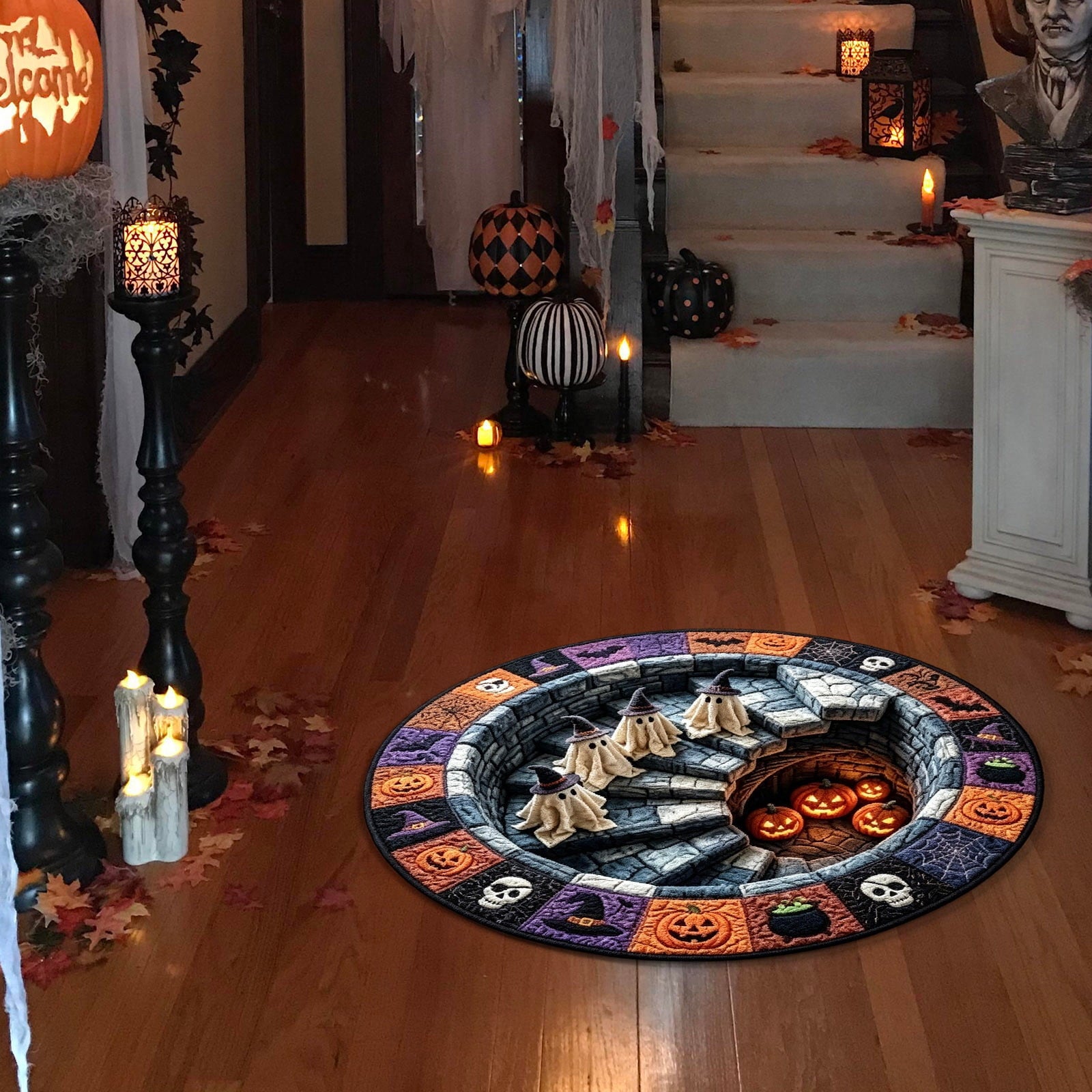 Halloween Round Rug Optical Ghost Pumpkin Mat 15.75in Diameter Polyester Skidproof & Soft for Entryway Bedroom Party by MPOISVA