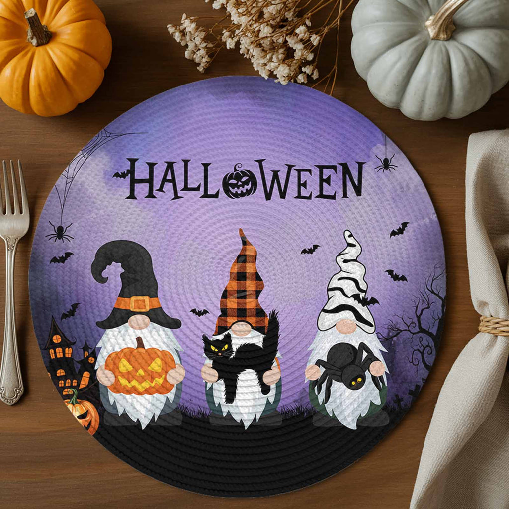 Halloween Round Placemats Set of 4 Gnomes Pumpkin Place Mats Washable Woven Placemat Black Cat Bat Castle Purple Circle Braided Table Mat for Kitchen Dining Table Holiday Party Home Decor 15 Inch