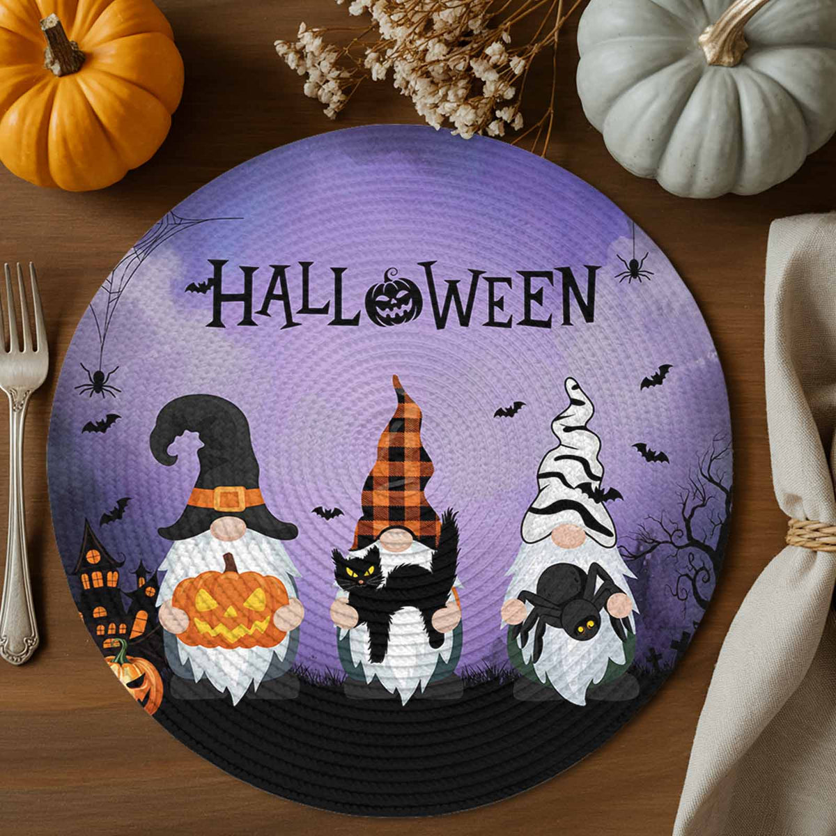 Halloween Round Placemats Set of 4 Gnomes Pumpkin Place Mats Washable Woven Placemat Black Cat Bat Castle Purple Circle Braided Table Mat for Kitchen Dining Table Holiday Party Home Decor 15 Inch
