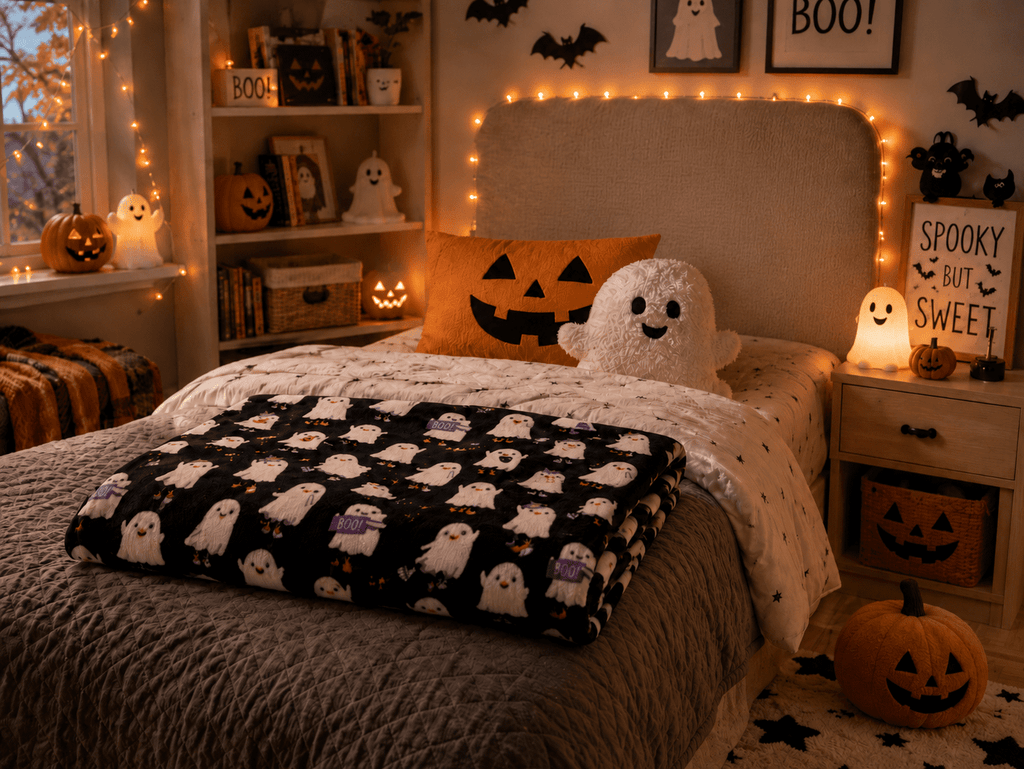 Serafina Home Halloween Throw Blanket: Fuzzy Boo! Jack O'Lantern Spider Webs Skull and Black Cats Print on Velvet Fleece for Sofa Bed Couch Chair Dorm
